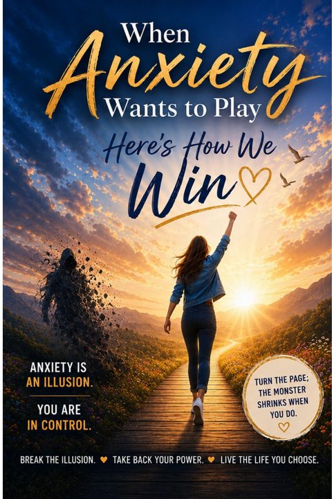 Book cover: When Anxiety Wants to Play — Here’s How We Win, by Israel Maya. A woman walks toward a sunrise while a shadowy monster crumbles away behind her.